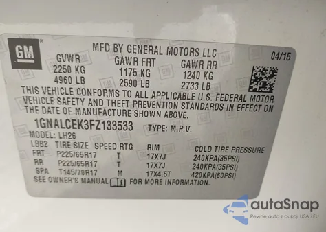 2015 Chevrolet Equinox 2Lt из США, поврежденный, VIN 1GNALCEK3FZ133533